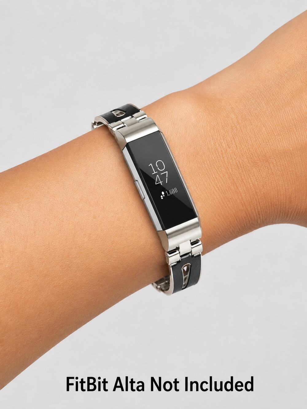 Bayite Fitbit Alta Black Leather w/Chrome Link & Brushed Stainless Band